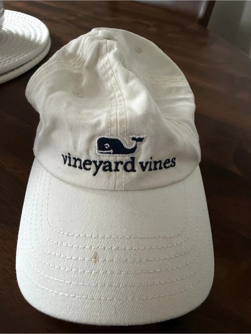 Vineyard Vines Cream Cap with Navy Whale Embroidery